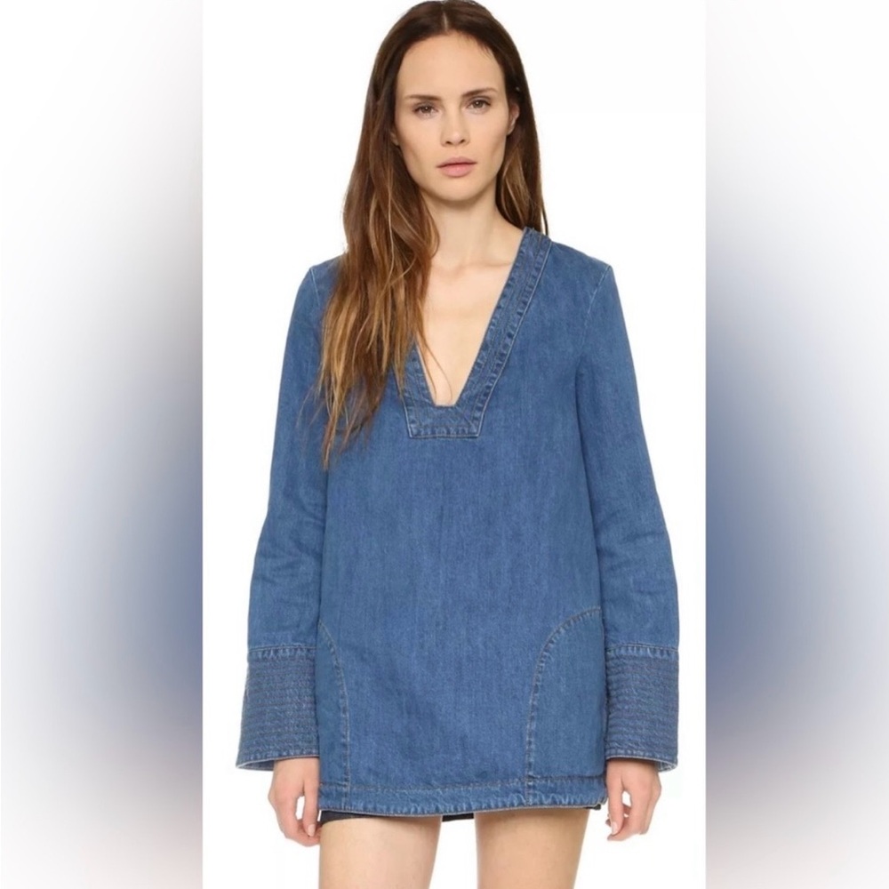 Free People Denim Bell Sleeve V-Neck Tunic Top - Picture 9 of 10